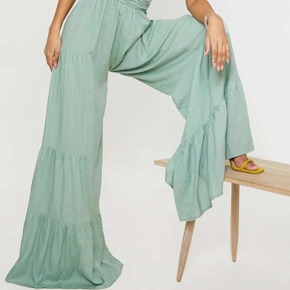Sage Green Linen Look Plunge Tiered Wide Leg Jumpsuit Women 6 Boho Festival - Picture 3 of 6